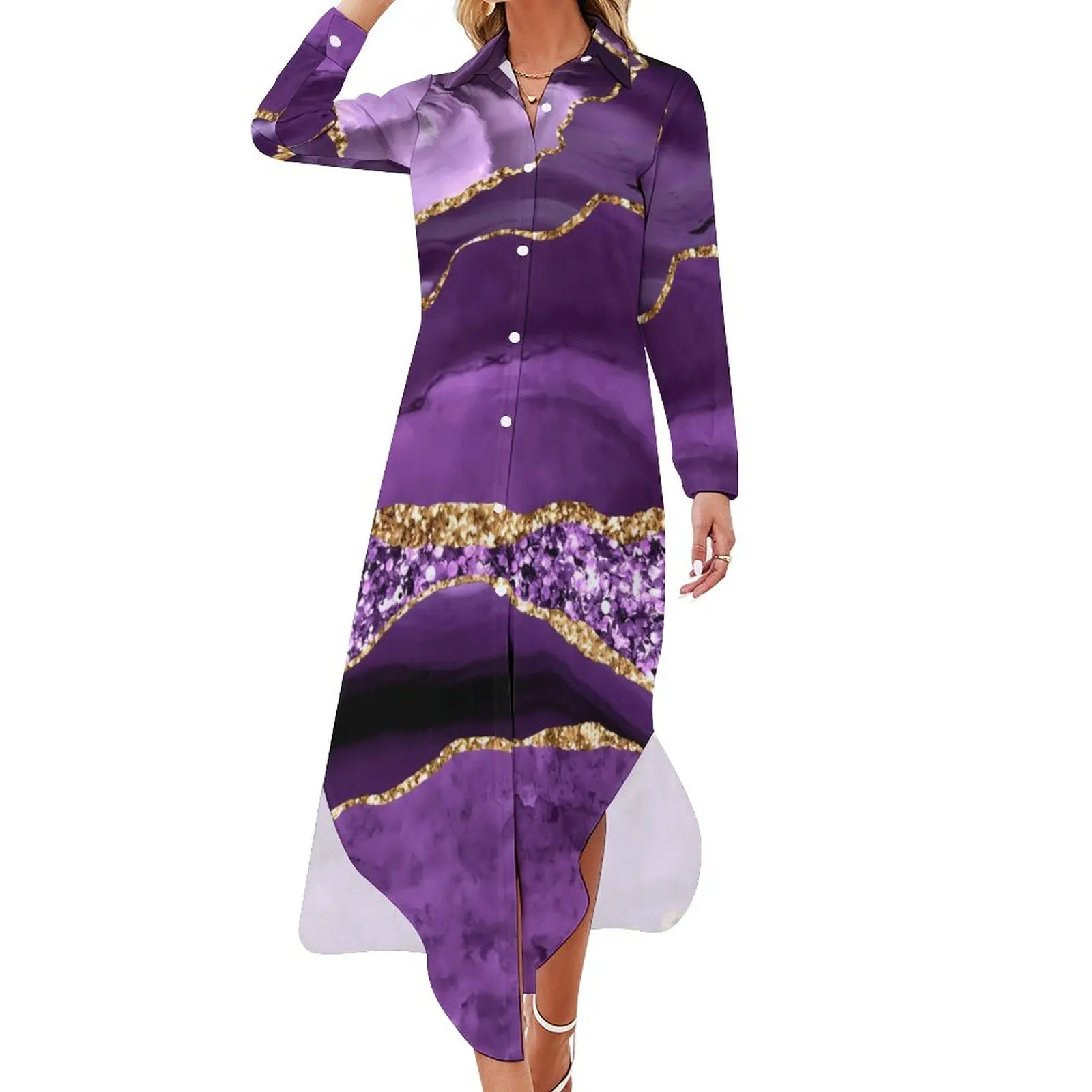 

Marble Print Casual Dress Purple And Gold Stylish Dresses Sexy V Neck Trendy Chiffon Dress Long Sleeve Clothes Big Size 5XL 6XL