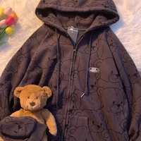 cute teddy bear print hoodies zip up sweatshirts women casual all match streetwear with pocket 2021 spring autumn simple coats