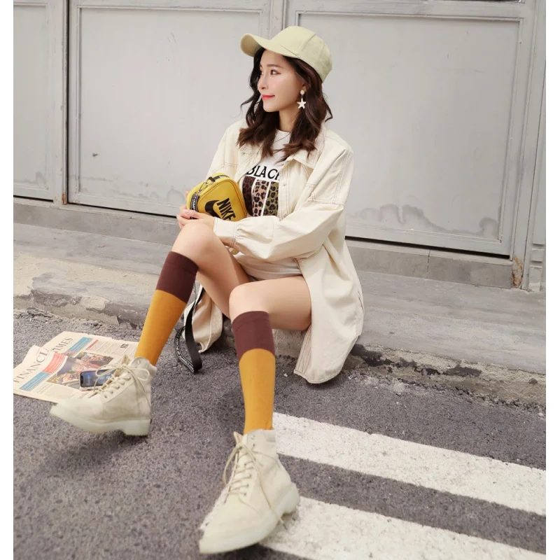 Solid Color Stitching Knee Length Socks Japanese and Korean Socks Long Tube Calf Socks Solid Color Thigh High Socks JK Socks