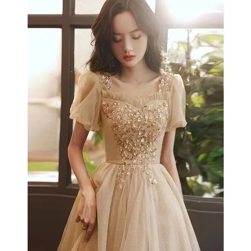

Champagne Mesh Prom Dresses Retro Sweetheart A-Line Elegant Sequin Appliques Tulle Lace Up Banquet Formal Party Gown New Female