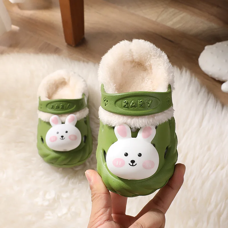 Fashion rabbit furry slipper flip flops for children girl fur slide shoes BABi cartoon plush winter indoor slippers