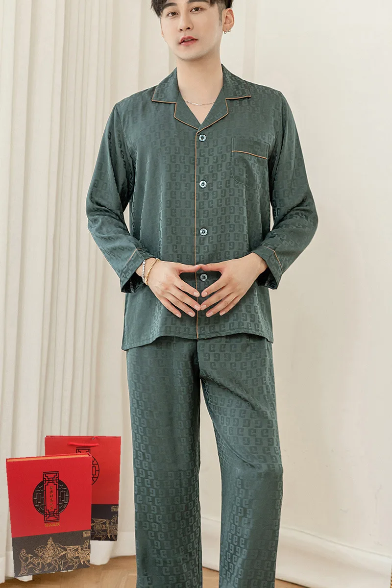 Autumn Sleepwear Men Pajamas Sets with Pants Solid Satin Turn-Down Collar 2 Pieces