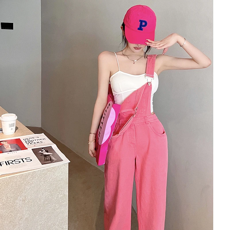 Vintage Cotton Elegant Pink Denim Jumpsuit Women Sleeveless Fashion Hipster Casual High Street Wide Leg Overalls Outfits Romper