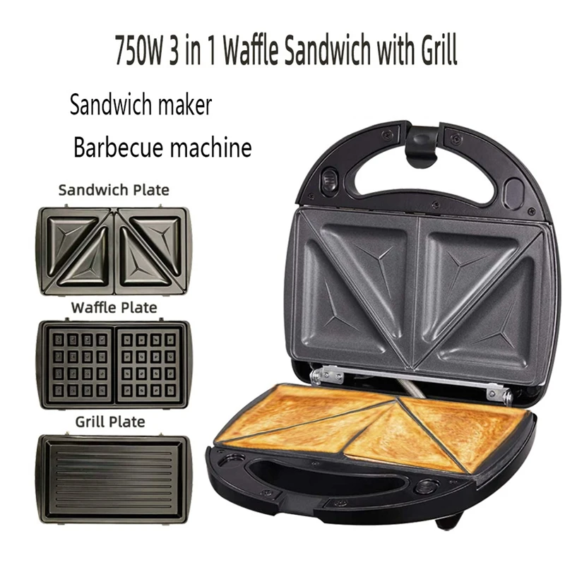 

3 in 1 Sandwich Press Waffle and Steak Machine 750W Sandwich Toaster with 3 Detachable Non-Stick Plates US Plug