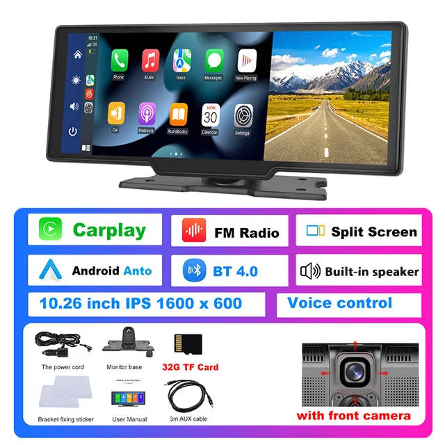 

Podofo Автомобильное зеркало Запись видео Carplay и Android Авто Беспроводное подключение GPS-навигация Приборная панель Видеорегистратор AI Voice