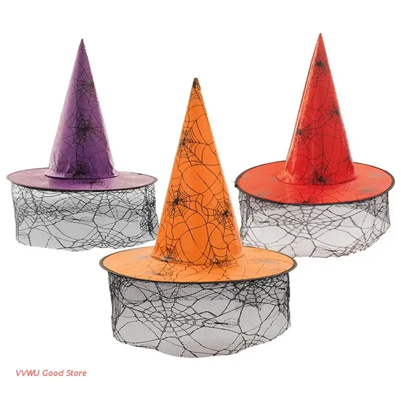 

Unisex Halloween Peaked Witch Hat Spider Web Decor Wizard Hat Cosplay Party