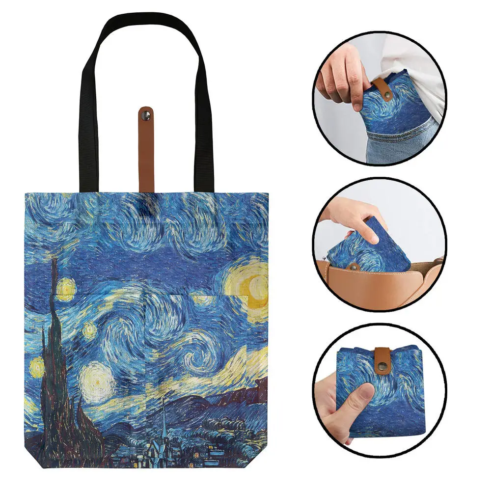 Customize Polyester Oil Painting Van Gogh Tote Bags Reusable Shopping Bag For Groceries Shoulder Bags Home Storage Bag