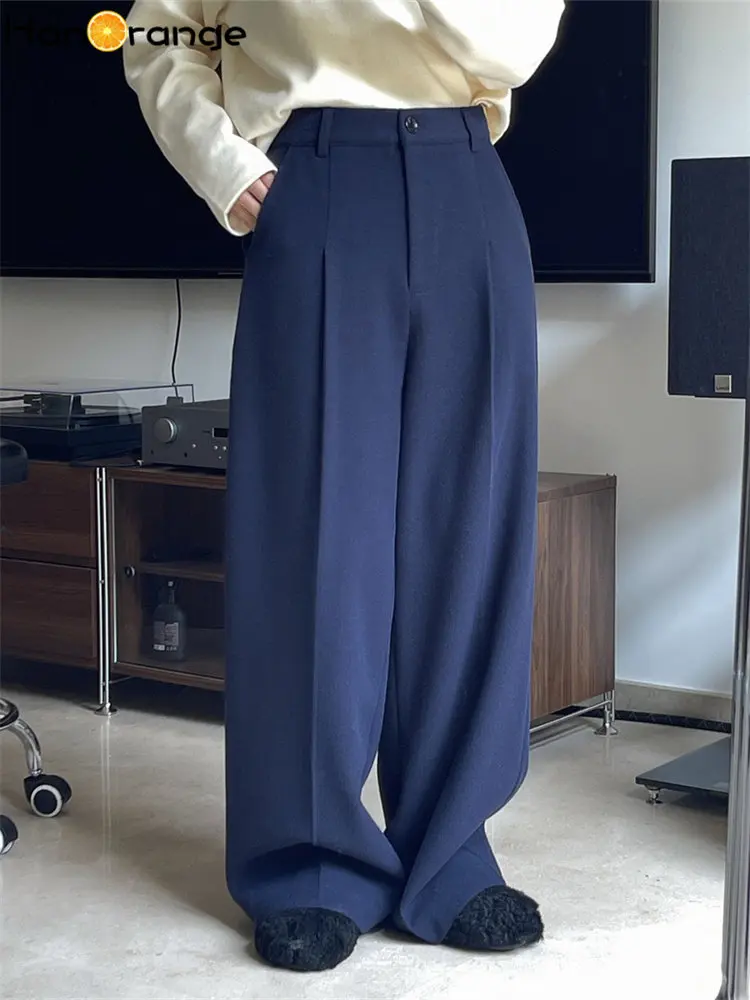 HanOrange 2022 Winter Languid Woolen Wide Leg Pants Casual High Waist Loose Comfortable Thick Trousers Female Grey/Navy