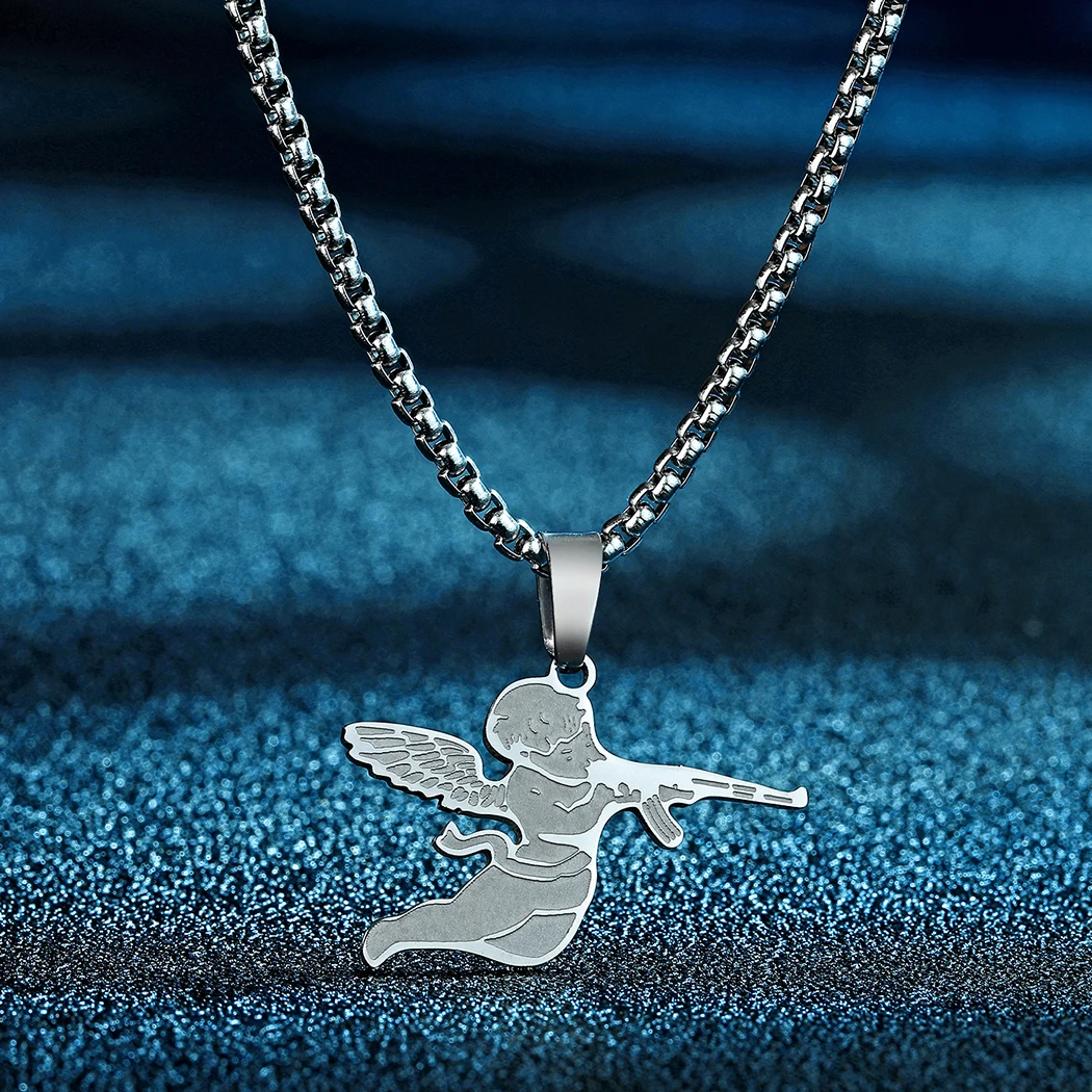 

Todorova Stainless Steel Angel Cupid Pendant Necklace For Women Men Cuban Link Hip Hop Dainty Choker Gift