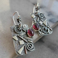 ethnic geometric metal red stone dangle earrings for women vintage jewelry antique silver color engrave spiral flower earring