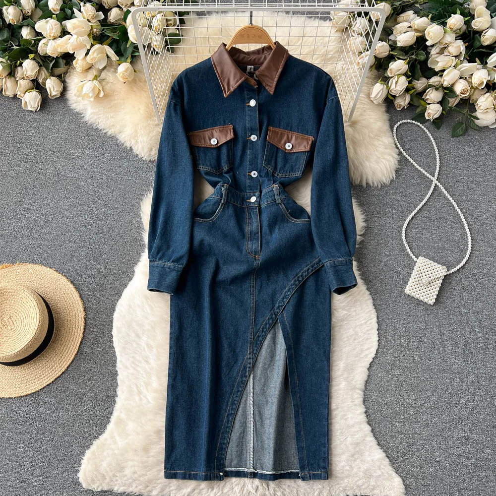

Chic Denim Dress Single Breasted Lace up Dresses Irregular Female Long Sleeve Split Autumn Vestidos Women Clothes Dropshipping