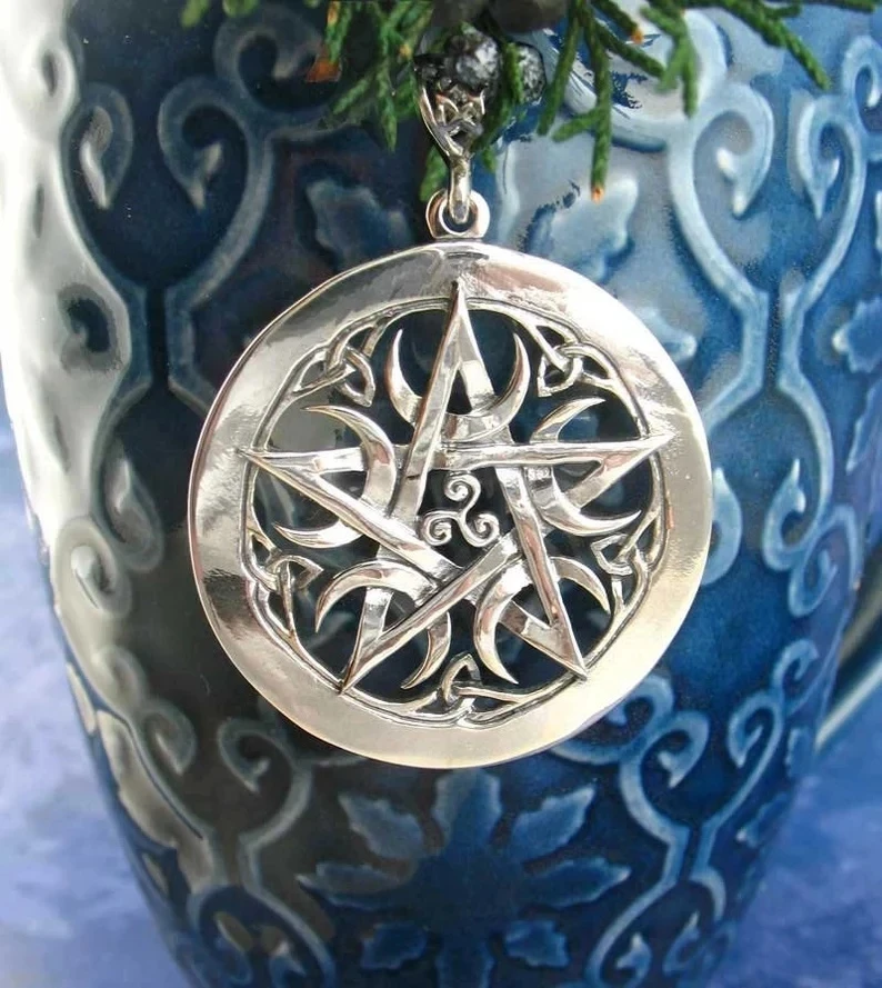 

Crescent Moons Pentacle Necklace Pendant Wiccan Accessories Fashion Pagan Large Pentagram Witch Witchcraft Gothic Wicca