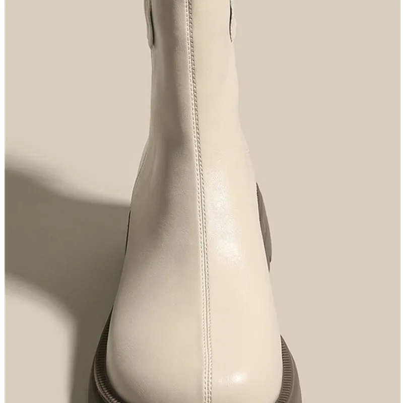 Lady Boots Women's Low Shoes Round Toe Chelsea Zipper Flat Heel Ankle Leather Med Rock Rubber Sewing PU Retro Short Boots Women