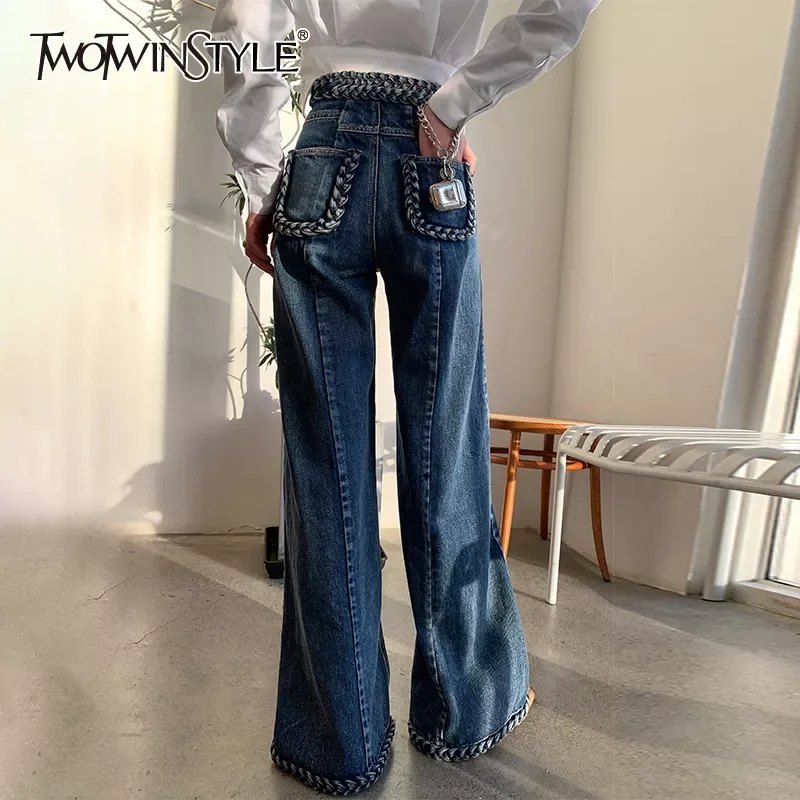 

TWOTWINSTYLE Casual Blue Denim Trousers For Women High Waist Loose Straight Full Length Jeans Female 2021 Summer Fashion Clothes