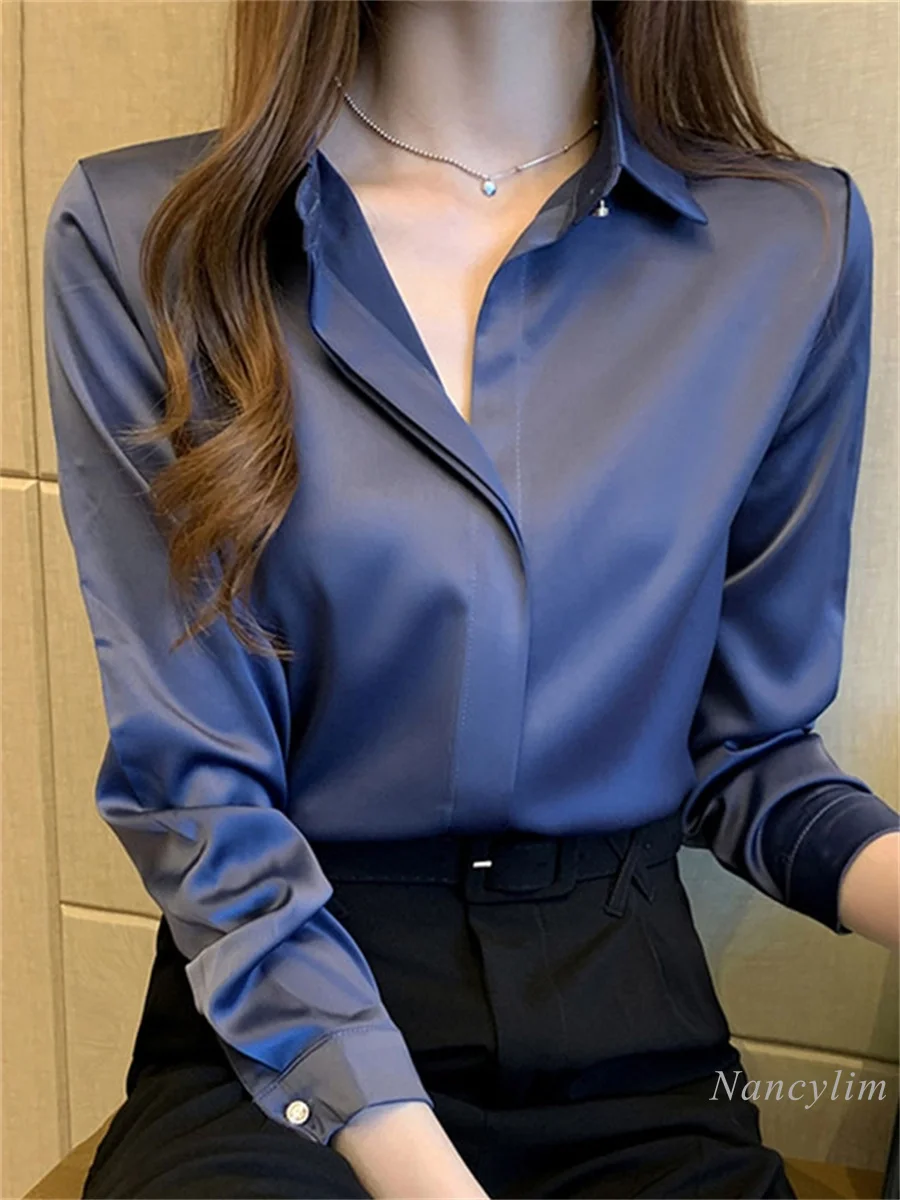 

2022 Spring and Autumn New Satin Shirt Women's Simple Commute Temperament Long Sleeve Top Office Blouses Solid Color All-Match
