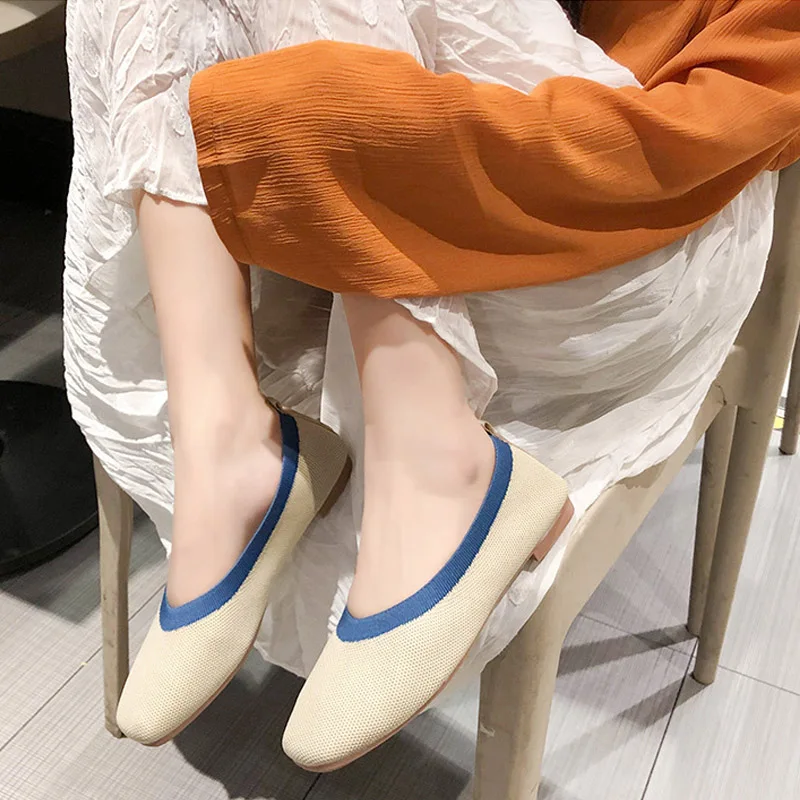 Knitted Casual Shoes Women Comfortable Round Toe Flats Moccasin Woman Slip-on Maternity Loafers Soft Ballet Shoes Mujer Pisos