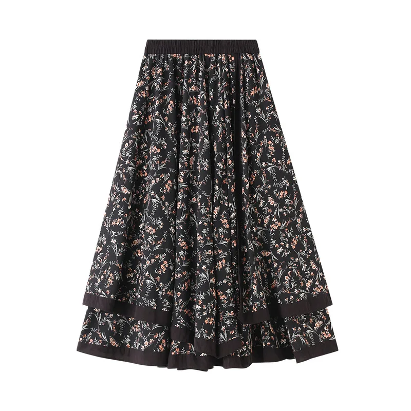 

New High Waist Slim Retro Floral Splice Big Swing Half Skirt Autumn and Winter Women's Skirt Pengpeng Dress Women's Dress
