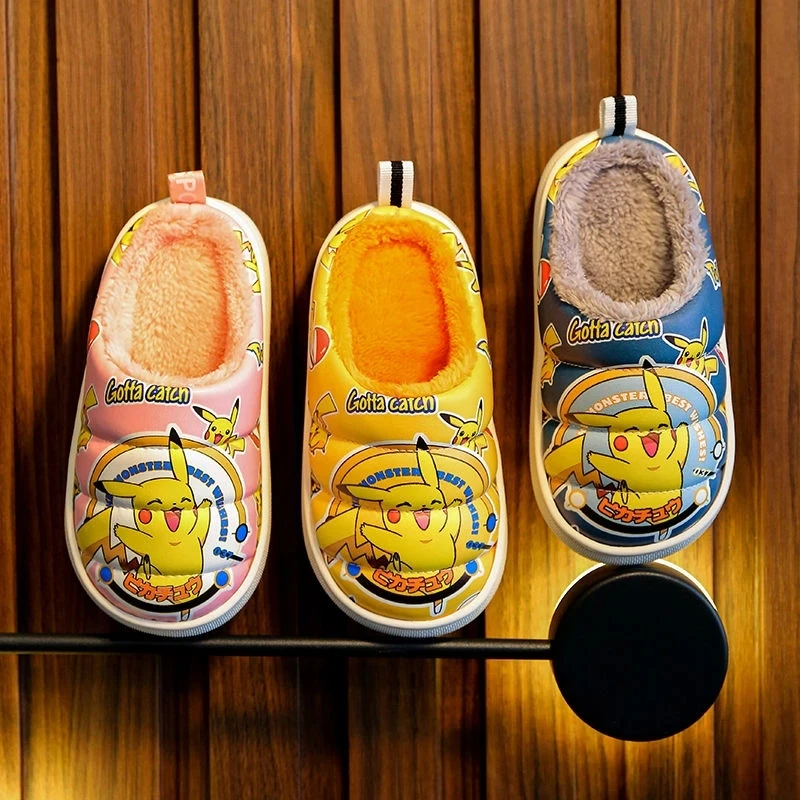 Зимние домашние тапочки для мальчиков и девочек с изображением покемона Пикачу