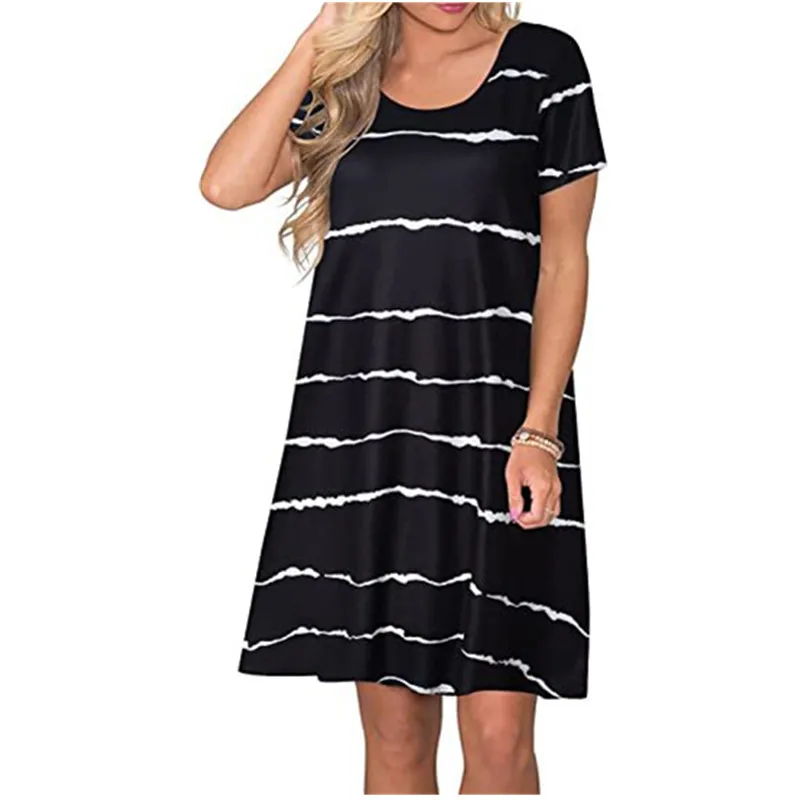 

Женские короткие платья в полоску с коротким рукавом, летнее женское мини-платье в уличном стиле с круглым вырезом, свободное Повседневное ...