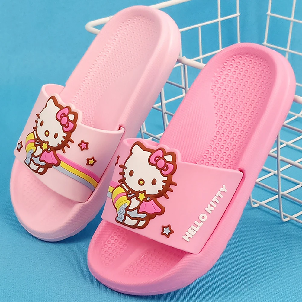 Детские летние тапки Hello Kitty милые повседневные с мультяшным котом домашняя обувь