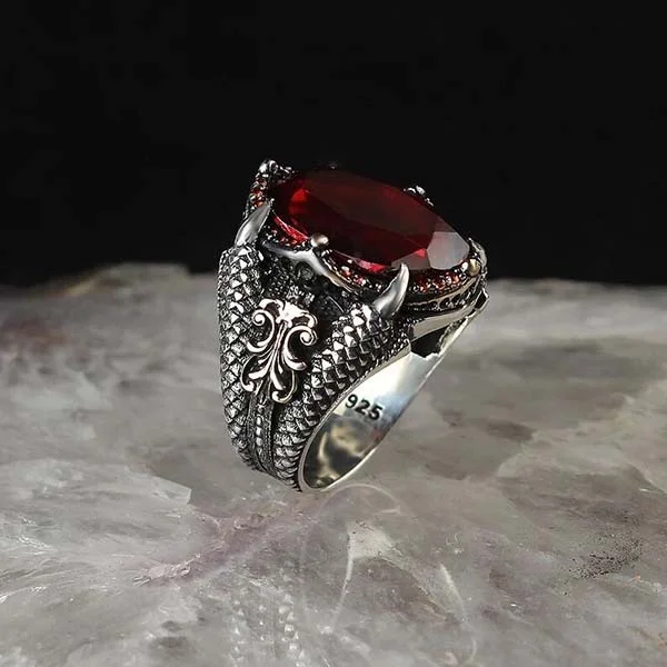 Vintage Dragon Claw Mens Natural Red Gemstone Rings for Men Party Anniversary Accessories Birthday Christmas Luxury Jewelry Gift