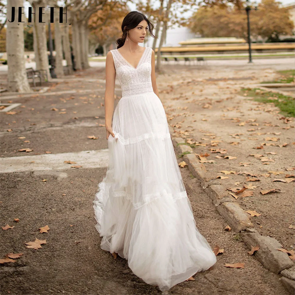 

JEHETH Bohemian Tulle V-Neck A-Line Wedding Dress Elegant Appliques Lace Backless Bridal Gown Vestidos De Novia Sweep Train 2022