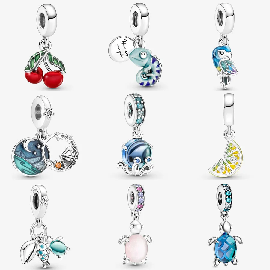 

2022 New 925 Sterling Silver Camping Night Sky Double Dangle Charm Fit pandora Bracelet Cute Octopus Dangle Charm DIY Jewelry