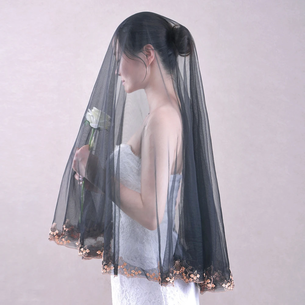 

Black Blusher Veil High Quality Swiss Yarn Golden Embroidery Lace Trim Short Veils For Face Brides Wedding Head Accessories