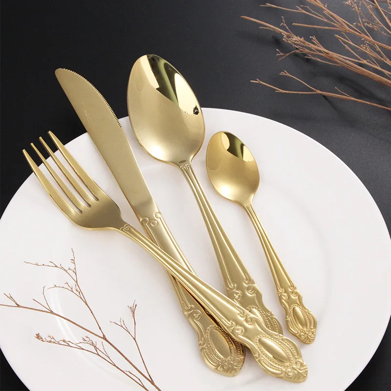 

Palace Retro Relief Gold Stainless Steel Knife Fork Spoon Set Western Dessert Tableware 4pcs/Set