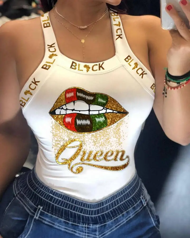 

Summer Women Lip Letter Print Bowknot Decor Loungewear Skinny Casual Vest Tops Sexy Sleeveless Holiday Open Back T-Shirts Female