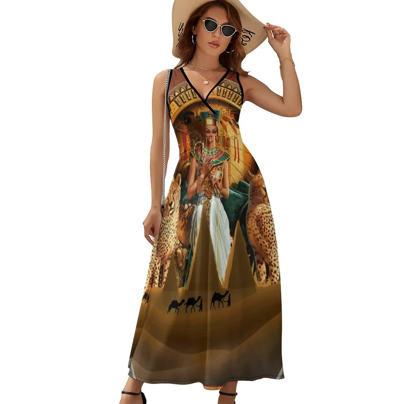 

The Queen of Egypt Dress Old Egyptian Vintage Maxi Dress V Neck Bohemia Long Dresses High Waist Street Fashion Big Size Vestidos