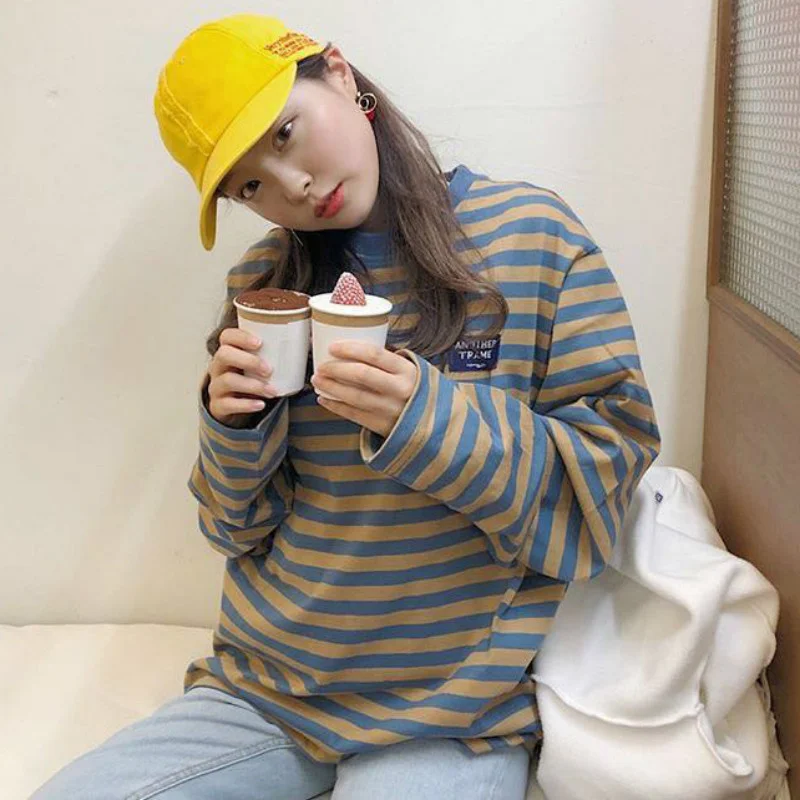 

Женская футболка с длинным рукавом, Корейская Классическая винтажная полосатая футболка, Молодежная рубашка, топ для дневника