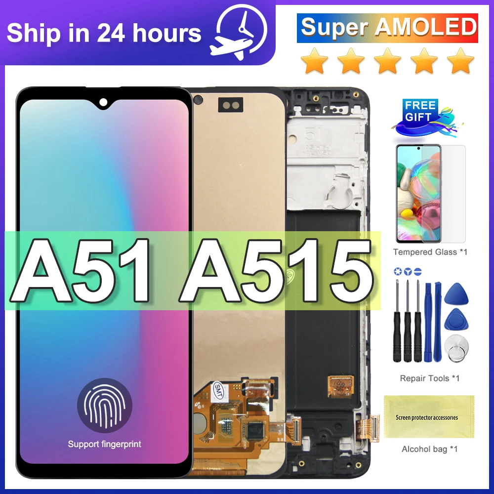 

100% супер AMOLED дисплей для Samsung Galaxy A51 LCD A515 A515F A515F/DS A515FD сенсорный экран с рамкой дигитайзер в сборе
