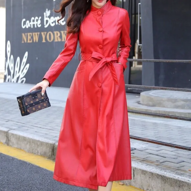 2022 Long St Collar Leather Coat Autumn  Winter Korean Women's Leather Coat X Long  Leather Jacket Women for Elegant Lady Office