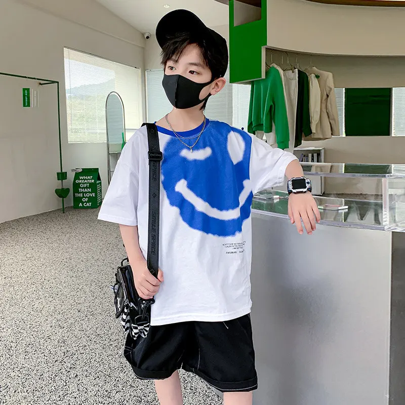 Boys Summer Funny Pattern 2022 New Fashion Teenage Clothes Children Korean Casual Loose Short-Sleeved T Shirt+Shorts 2pcs Outfit