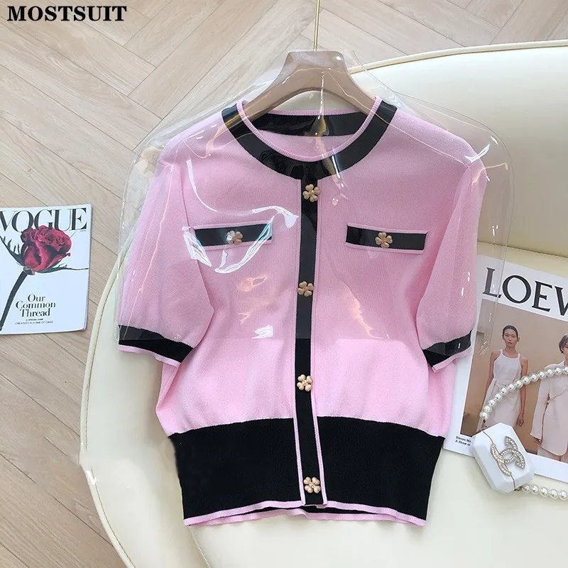 

Summer Pink Elegant Knitted Sweater Women's Pullover Vintage Fashion Ladies Top Short Sleeve Loose Female Knitwear Jumpers 2022