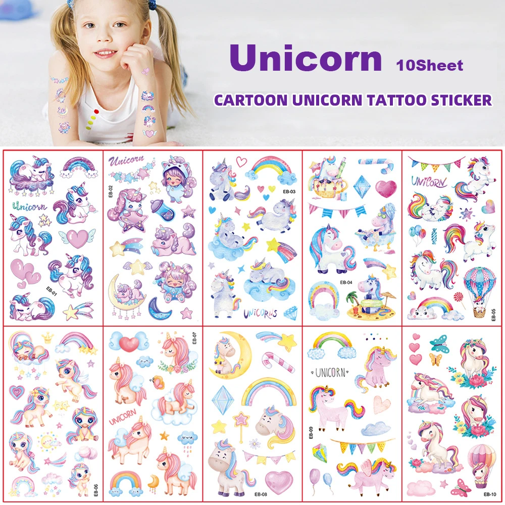 10Pcs/Set Child Tattoo Sticker Unicorn Princess Temporary Fake Kids Tatoo Girl Arm Hands Body Waterdichte Tatouages Pour Enfants