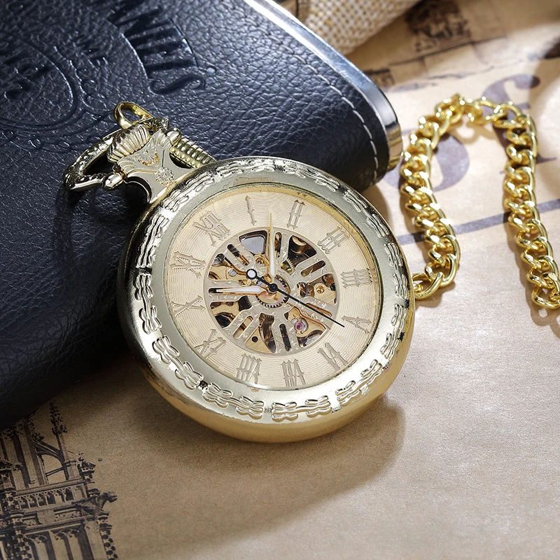 Vintage Golden Skeleton Steampunk Mechanical Pocket Watches Roman Numerals Hand-Wind with Chain Men Women Clock Fashion Gift New
