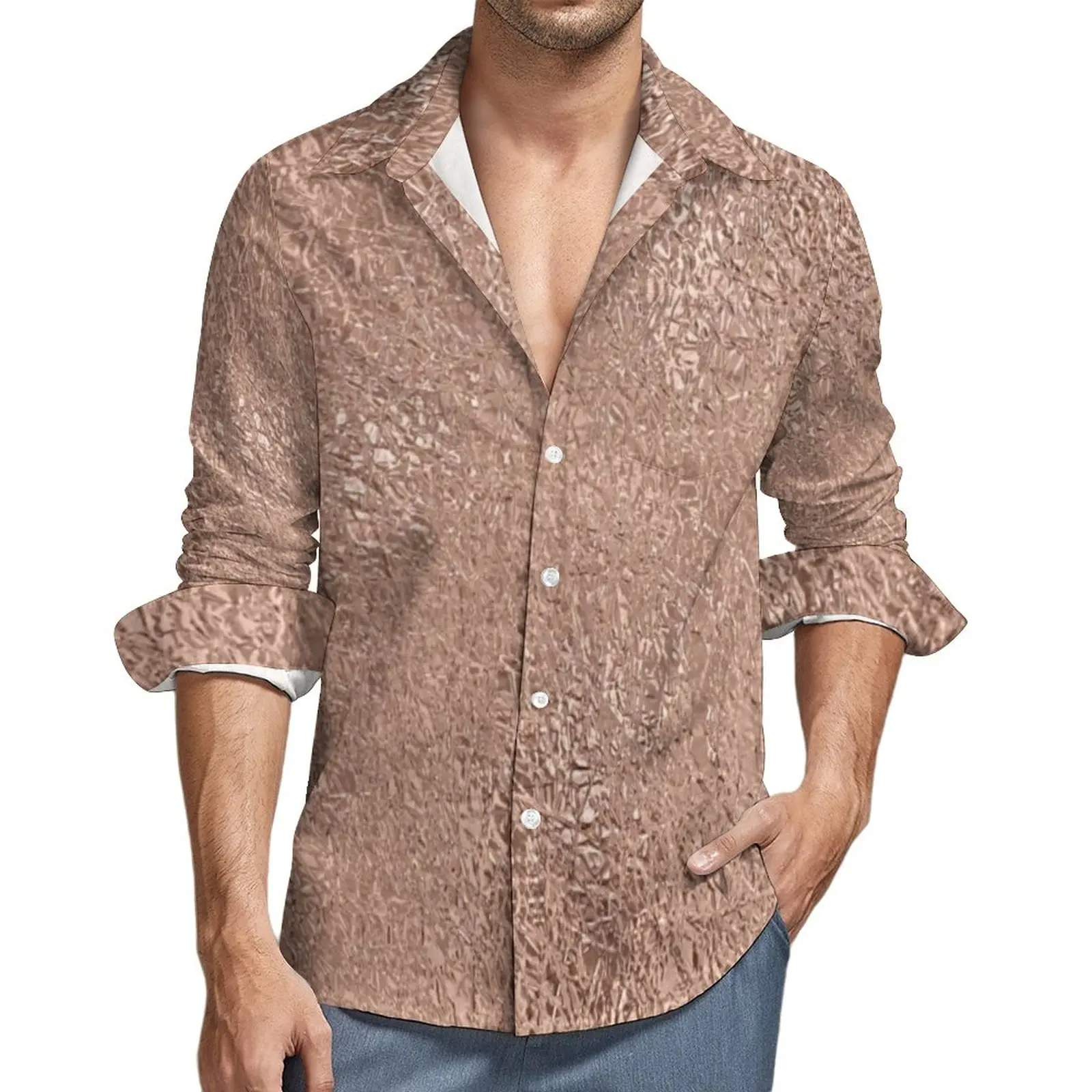 

Faux Metallic Shirt Rose Gold Glitter Metal Print Casual Shirts Autumn Funny Custom Blouses Long Sleeve Cool Oversize Clothes