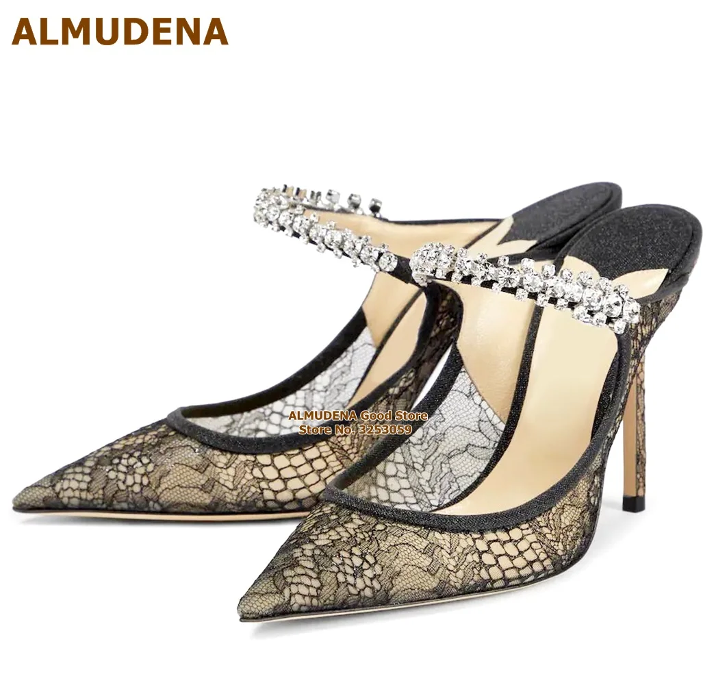 ALMUDENA Silver Bling Bling Crystal Strap High Heel Slippers Black Lace Flowers Embroidery Stiletto Dress Pumps Pointed Toe US14