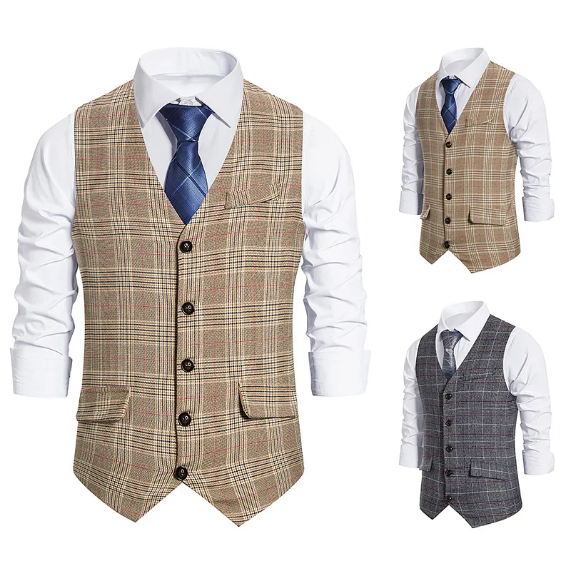 Mens Vintage Plaid Single Breasted Suit Vests 2023 Brand Slim Fit Sleeveless Vest Waistcoat Men Formal Business Vest Gilet Homme