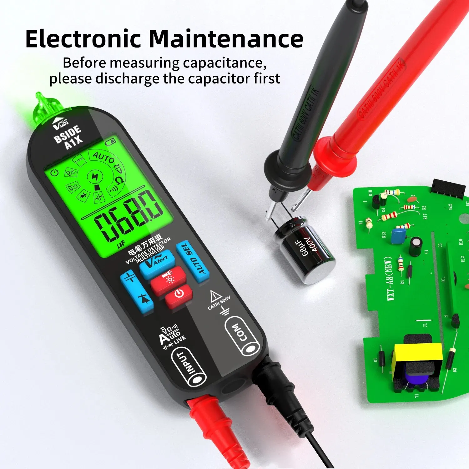 BSIDE A1X Digital Multimeter Voltage Resistance Diode Tester Electric Test Pen Auto Power Off with Power Recognition Meter