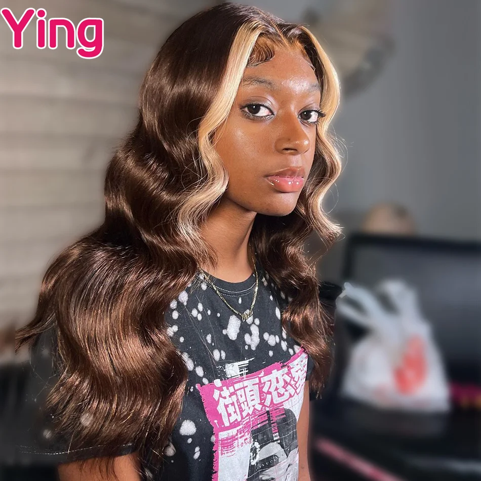 Brown With Blonde Stripe Body Wave Human Hair Wigs Highlights Colored Transparent 13X6 Lace Frontal Wigs for Black Women 180%