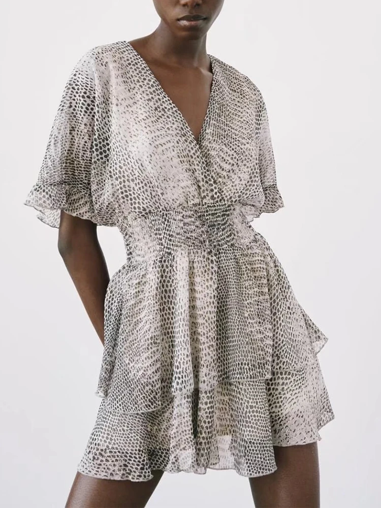 

Yiloyka Women Fashion Ruffled Printed Mini Dress Vintage Deep V-neck Short Sleeve Elastic Waist Female Dresses Vestidos Mujer
