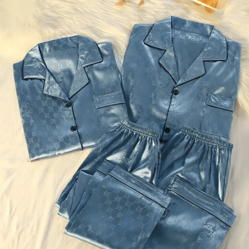 Couples Pajamas Women Spring and Autumn Ice Silk Long Sleeve Square 2022 New Plus-size Men's Silk Home Clothing Winter