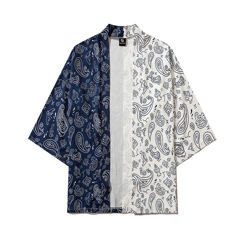 Patchwork Print Men Kimono Robe Thin Cardigan Buttonless Shirts M-XXL Casual Rayon Home Bathrobe