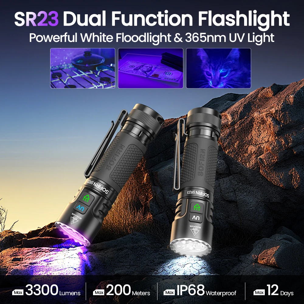 Фото SOFIRN SR23 3300LM Фонарик 6500K УФ-свет 365 нм EDC USB C Перезаряжаемый 21700 Фонарик с двойным переключателем №1