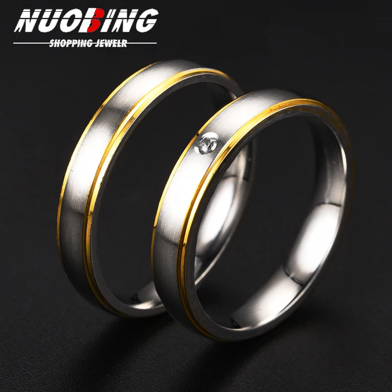 

Gold Silver 4MM Cubic Zirconia Male Female Wedding Ring Charm Wedding Jewelry Stainless Steel Valentine's Day Gift Size 5-13