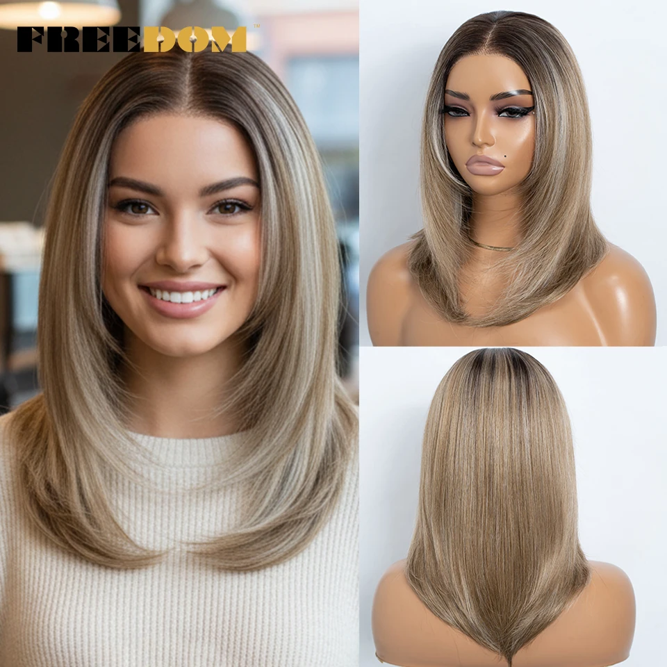 Фото Синтетический парик FREEDOM Straight Bob с многослойной прической, парик с кружевной передней частью для женщин, 13x3, предварительно выщипанный, омбре, блонд, с возможностью свободной расчески, парик с фронтальным кружевом №1