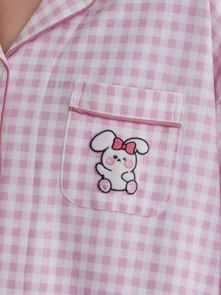 Finteng Cotton Pajamas Women Spring and Autumn Long sleeve Lapel Cardigan Plaid Casual Can Be Worn outside Homewear Set